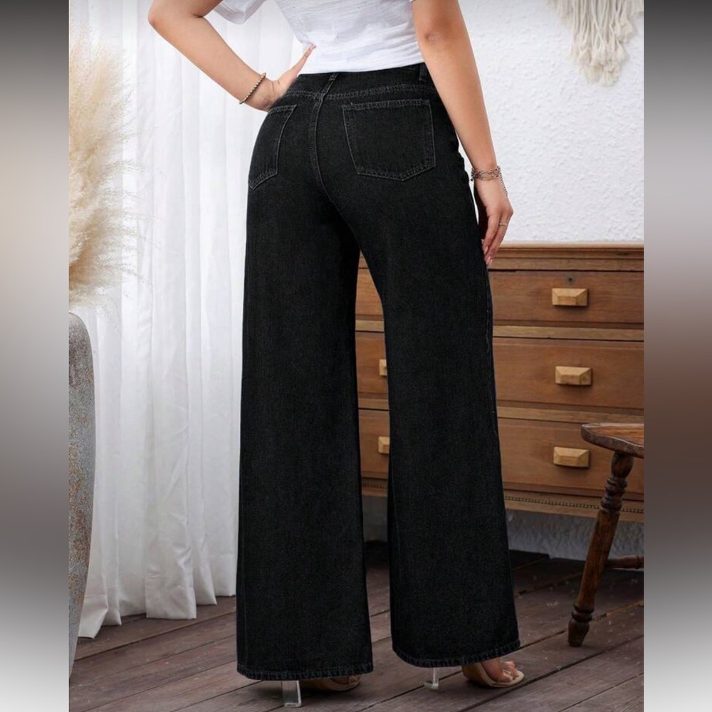 Women's Black Denim Wide-Leg Pants Jeans - Picture 2 of 7